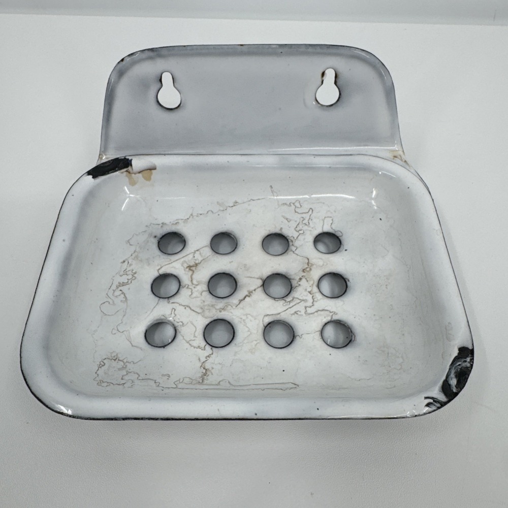 Antique Enamel 2 Piece Ware soap dish Blue White Primitive Farmhouse Victorian